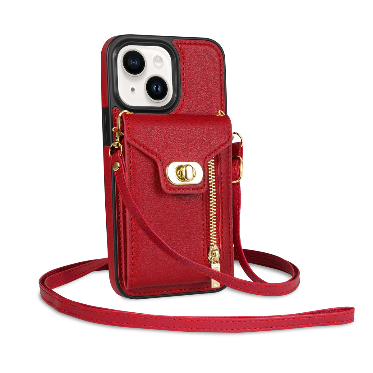 Zipper Pocket Case for iPhone 15 Plus , Card Slots PU Leather Coated TPU Kickstand Phone Cover - Red