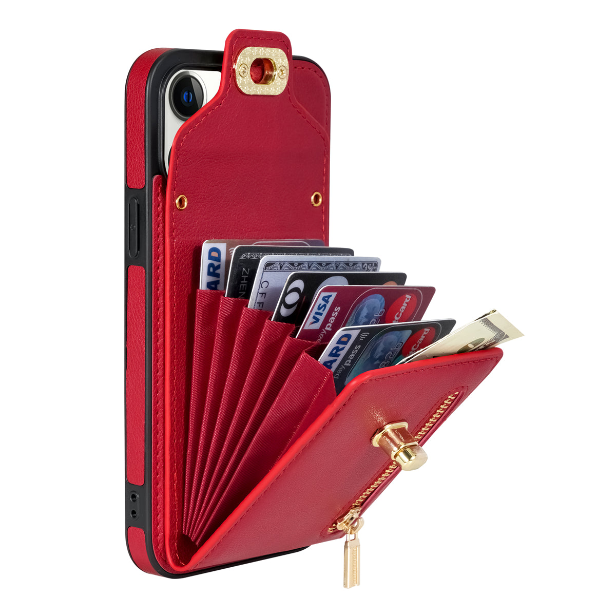 Zipper Pocket Case for iPhone 15 Plus , Card Slots PU Leather Coated TPU Kickstand Phone Cover - Red