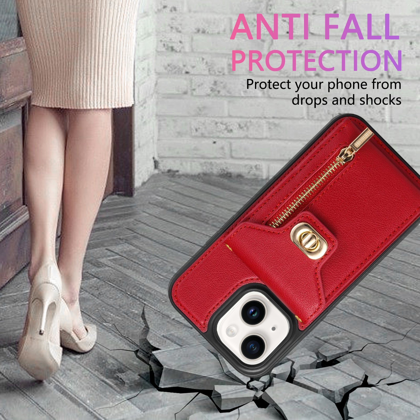 Zipper Pocket Case for iPhone 15 Plus , Card Slots PU Leather Coated TPU Kickstand Phone Cover - Red