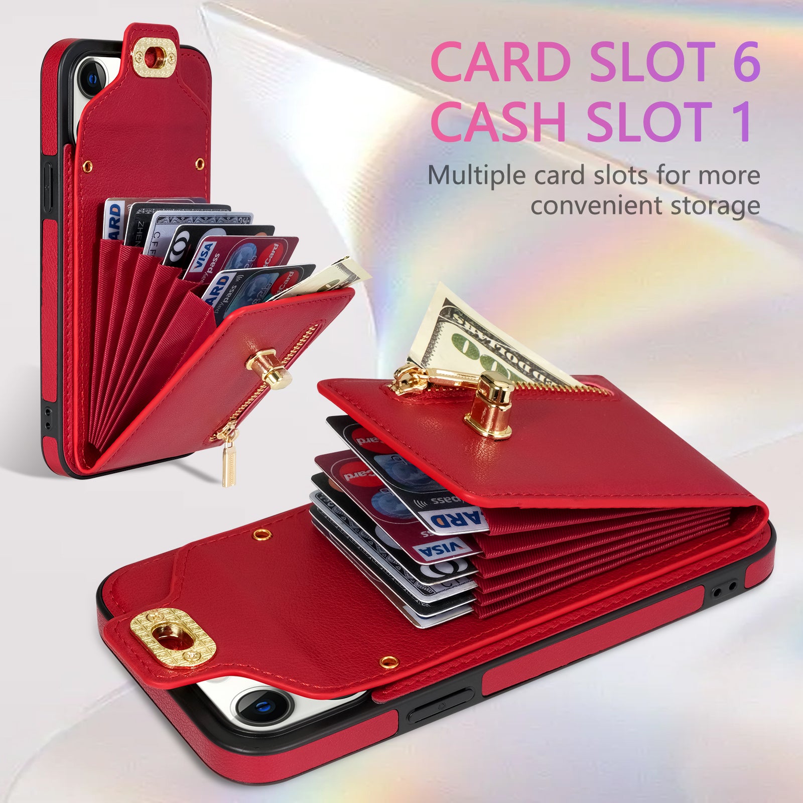 Zipper Pocket Case for iPhone 15 Plus , Card Slots PU Leather Coated TPU Kickstand Phone Cover - Red