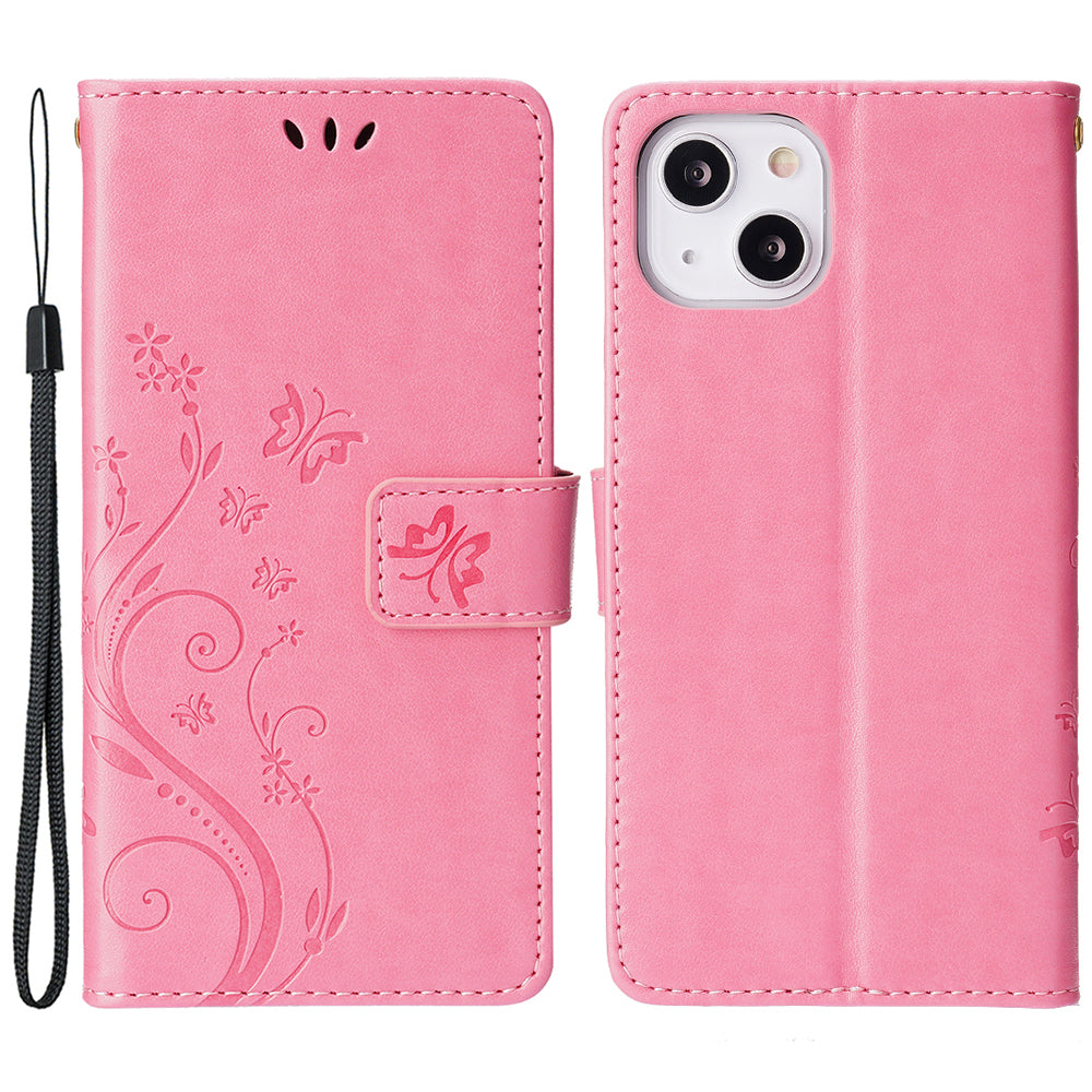 Uniqkart for iPhone 15 Plus PU Leather Wallet Cover Cell Phone Case Imprinted Butterflies Shell Stand with Strap - Pink