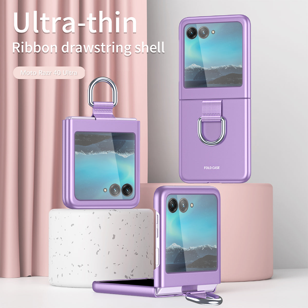 Uniqkart for Motorola Razr 40 Ultra 5G Rubberized Hard PC Phone Case Ring Holder Anti Drop Protective Cover - Rose Gold