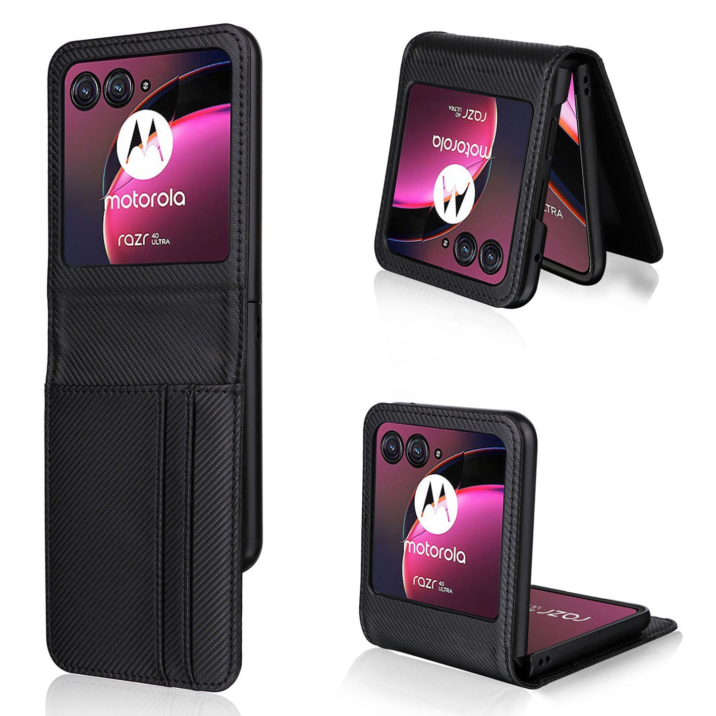 Uniqkart for Motorola Razr 40 Ultra 5G Card Holder Phone Case Carbon Fiber Texture PU Leather+PC Cover - Black