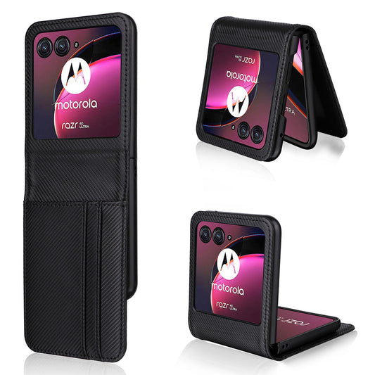 Uniqkart for Motorola Razr 40 Ultra 5G Card Holder Phone Case Carbon Fiber Texture PU Leather+PC Cover - Black