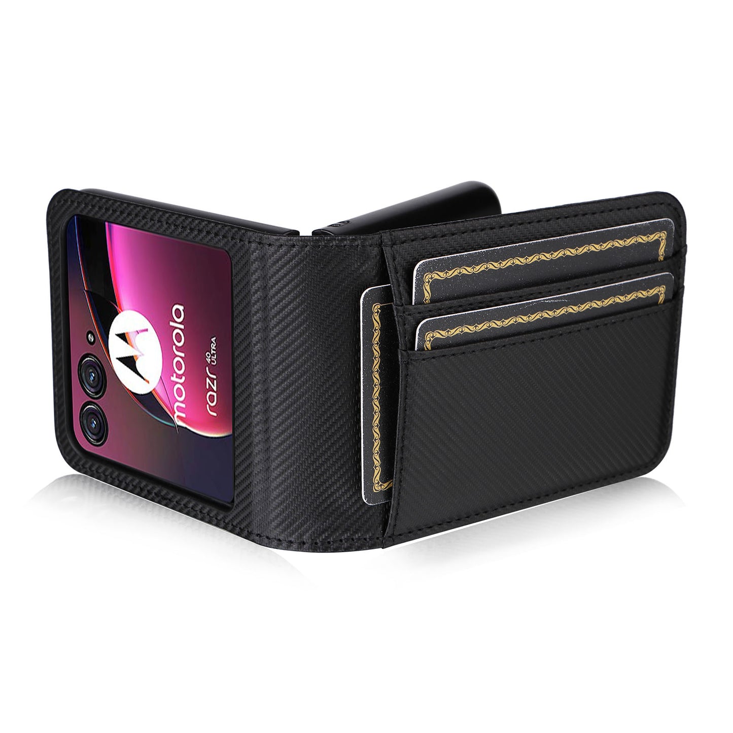 Uniqkart for Motorola Razr 40 Ultra 5G Card Holder Phone Case Carbon Fiber Texture PU Leather+PC Cover - Black