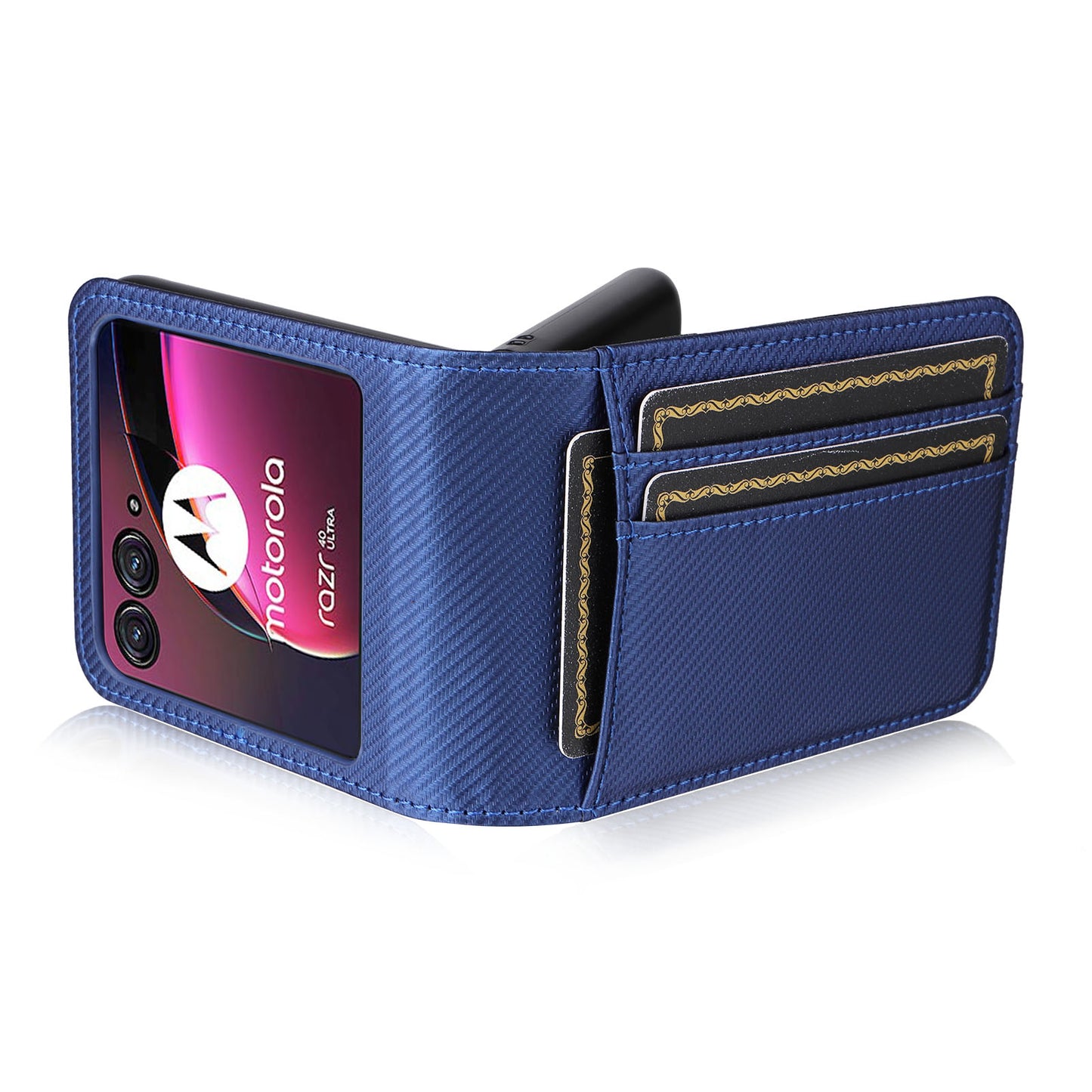 Uniqkart for Motorola Razr 40 Ultra 5G Card Holder Phone Case Carbon Fiber Texture PU Leather+PC Cover - Blue