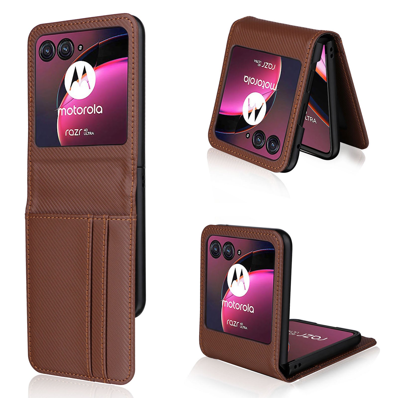 Uniqkart for Motorola Razr 40 Ultra 5G Card Holder Phone Case Carbon Fiber Texture PU Leather+PC Cover - Brown