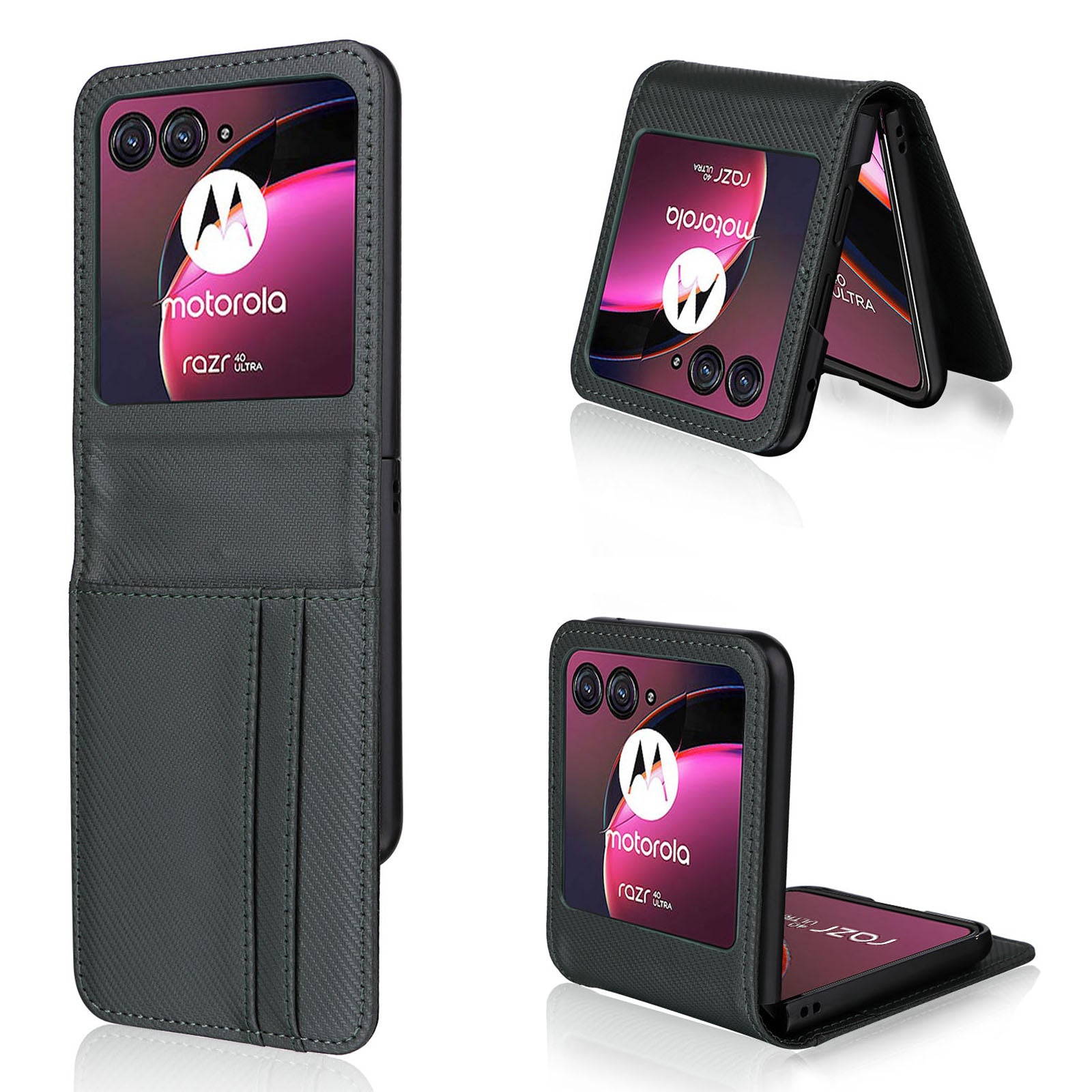 Uniqkart for Motorola Razr 40 Ultra 5G Card Holder Phone Case Carbon Fiber Texture PU Leather+PC Cover - Green