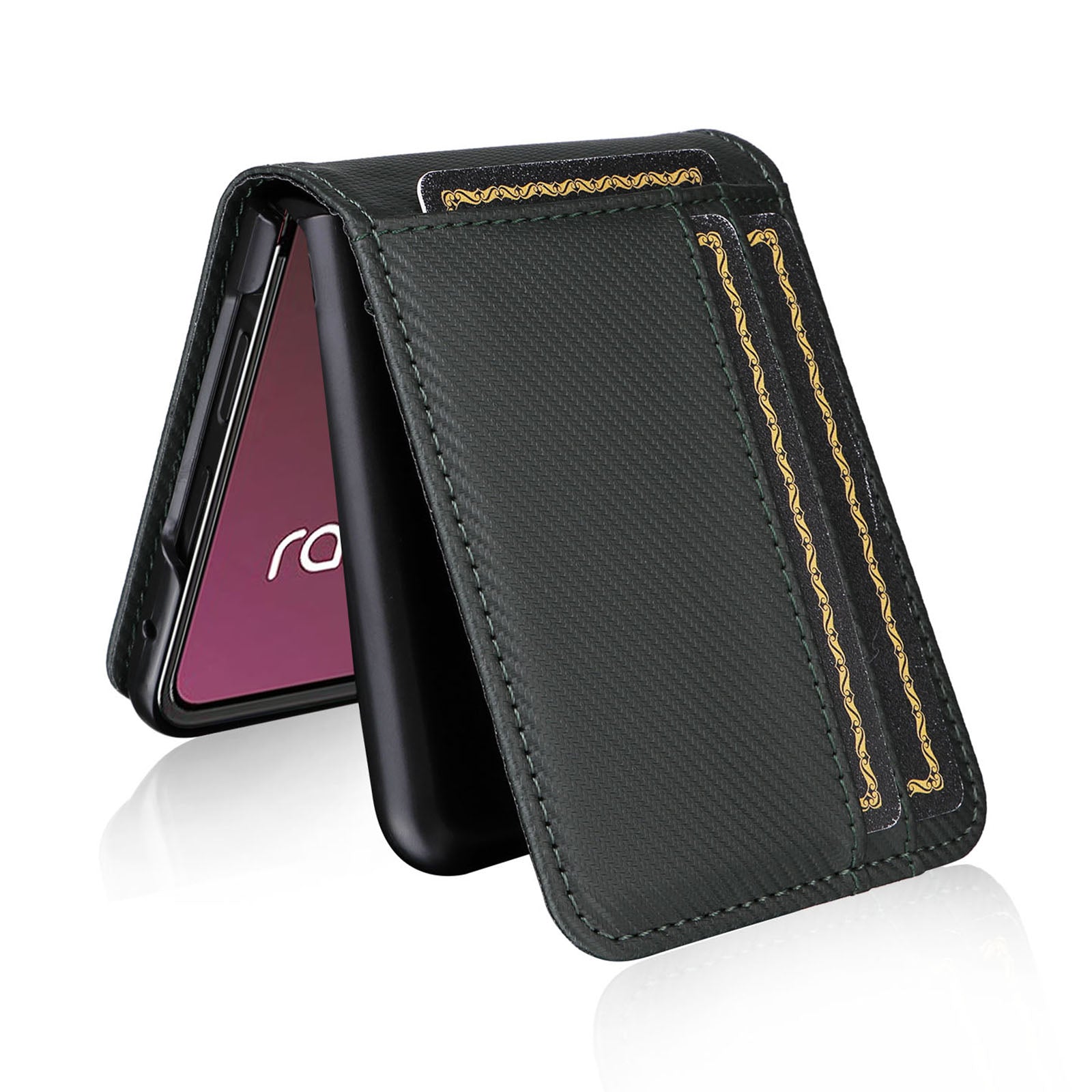 Uniqkart for Motorola Razr 40 Ultra 5G Card Holder Phone Case Carbon Fiber Texture PU Leather+PC Cover - Green