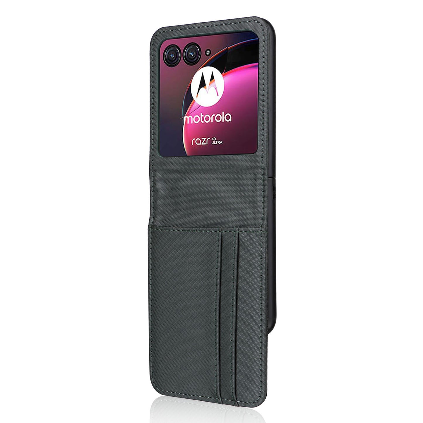 Uniqkart for Motorola Razr 40 Ultra 5G Card Holder Phone Case Carbon Fiber Texture PU Leather+PC Cover - Green