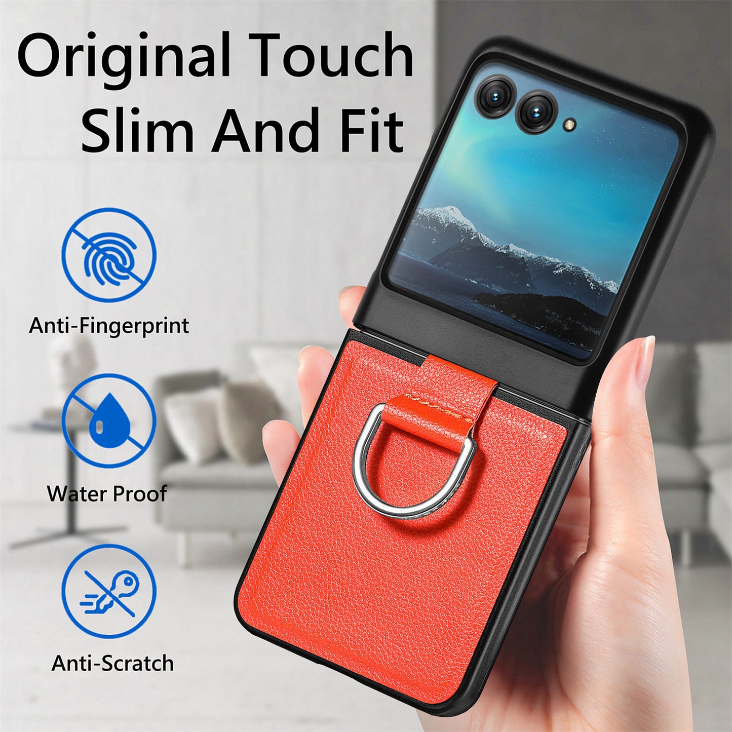 Uniqkart for Motorola Razr 40 Ultra 5G PU Leather Coated PC Phone Case Finger Ring Holder Litchi Texture Phone Cover - Orange