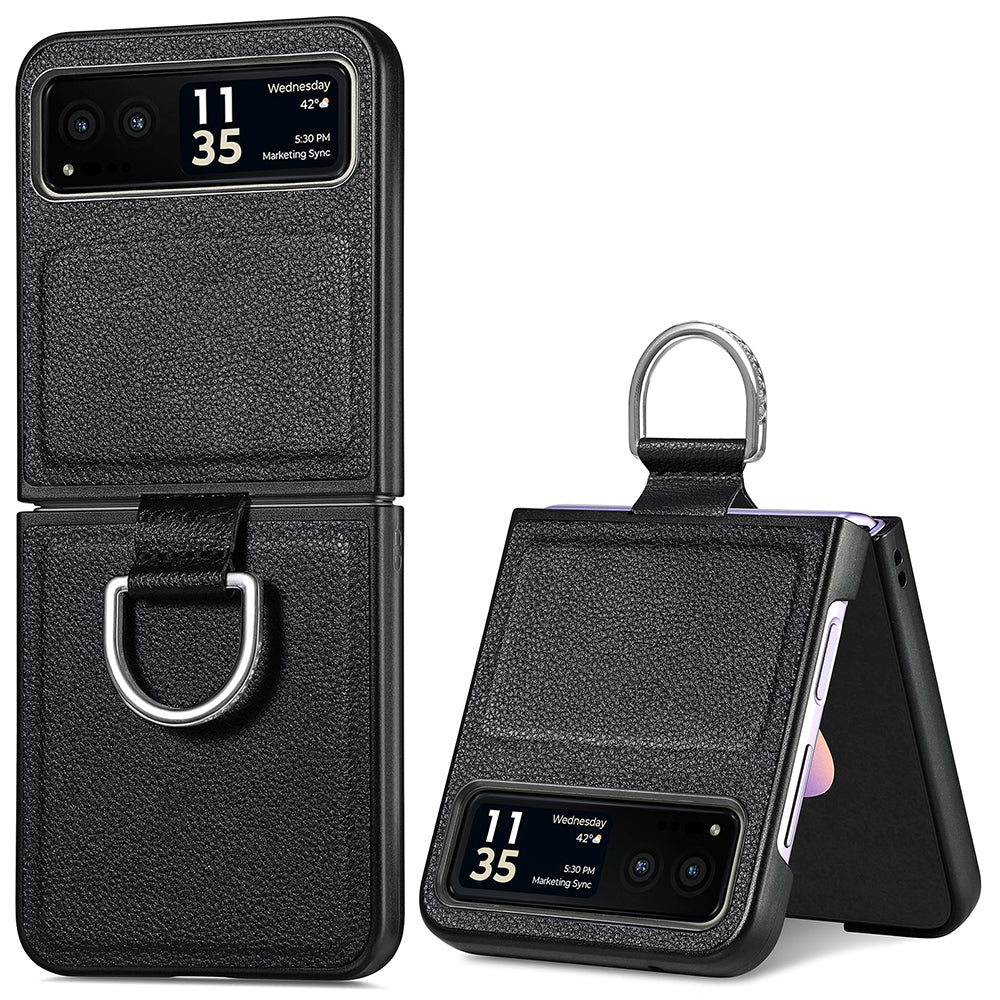 Finger Ring Holder Phone Case for Motorola Razr 40 5G , Litchi Texture Leather Coated PC Cover - Black