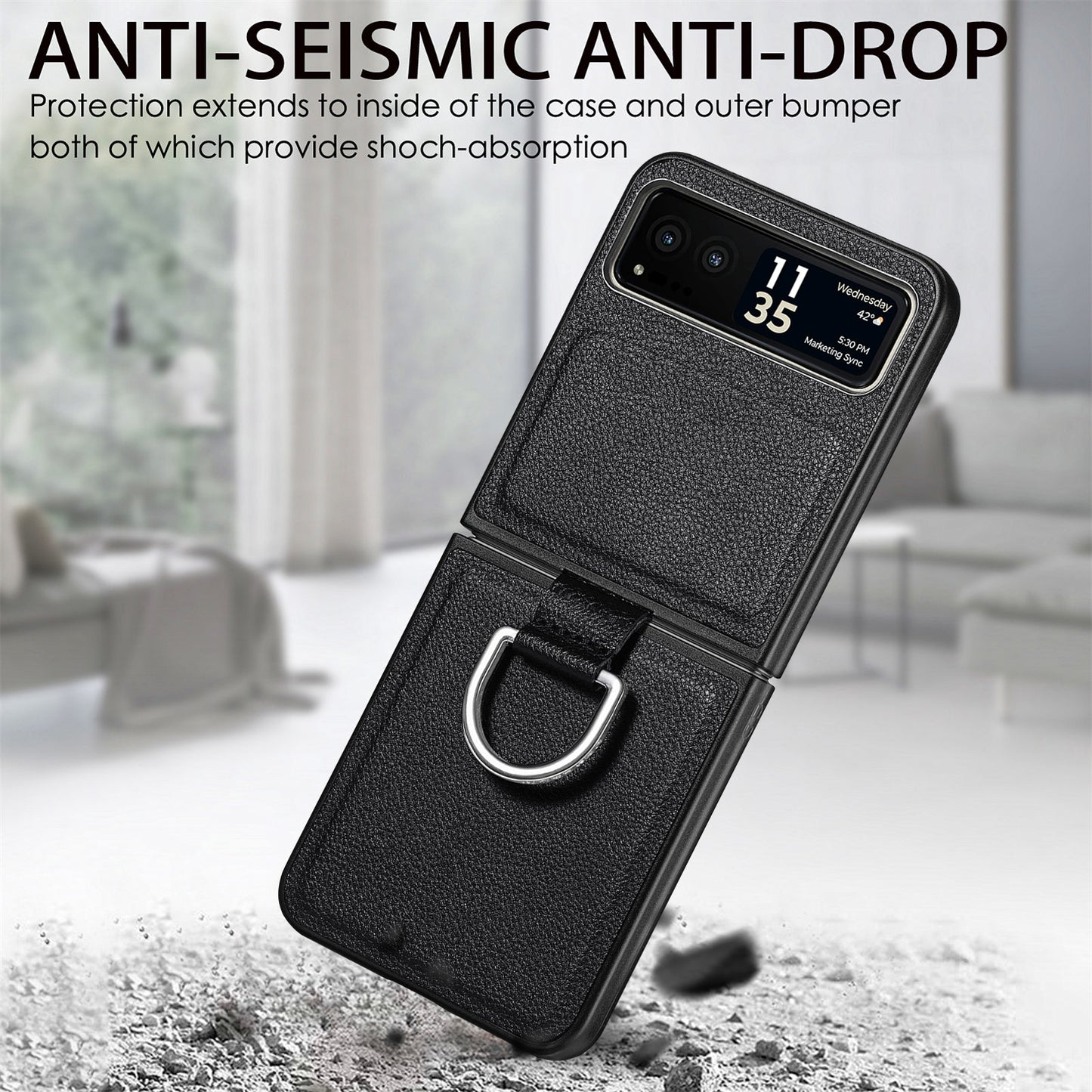 Finger Ring Holder Phone Case for Motorola Razr 40 5G , Litchi Texture Leather Coated PC Cover - Black