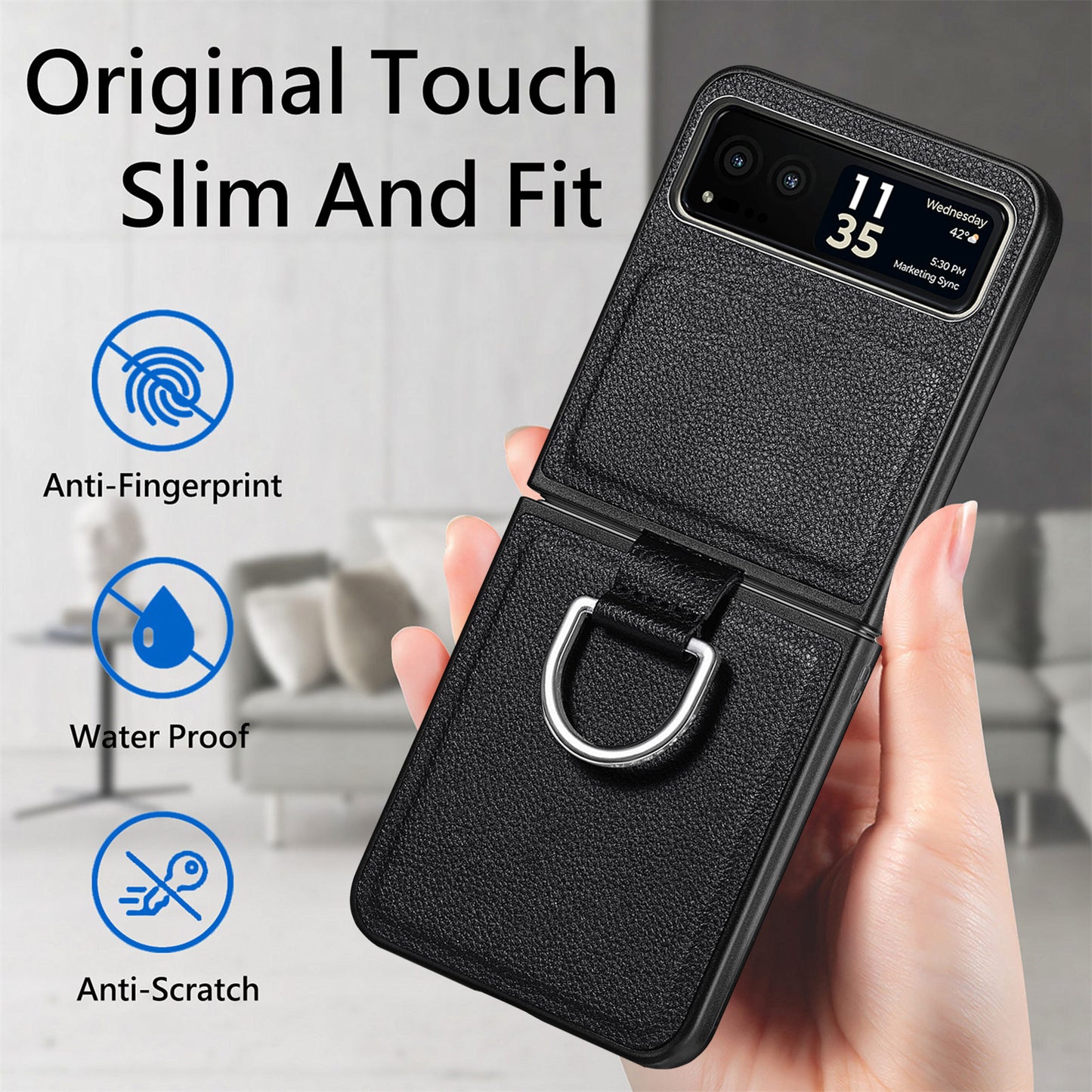 Finger Ring Holder Phone Case for Motorola Razr 40 5G , Litchi Texture Leather Coated PC Cover - Black