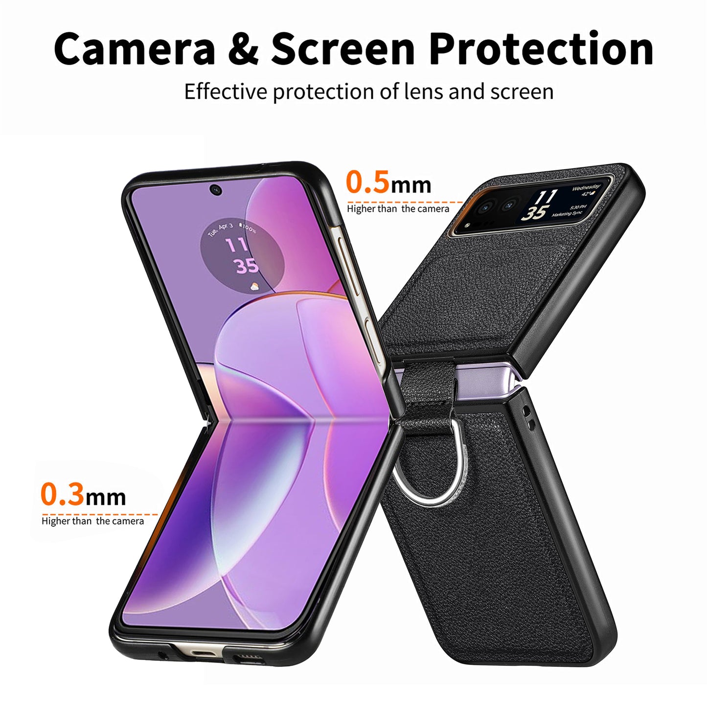 Finger Ring Holder Phone Case for Motorola Razr 40 5G , Litchi Texture Leather Coated PC Cover - Black