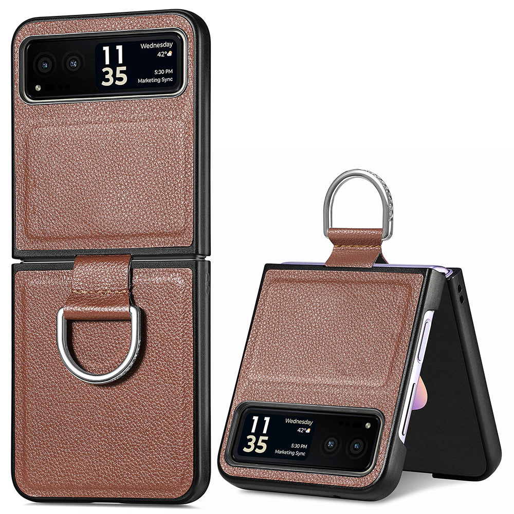 Finger Ring Holder Phone Case for Motorola Razr 40 5G , Litchi Texture Leather Coated PC Cover - Brown