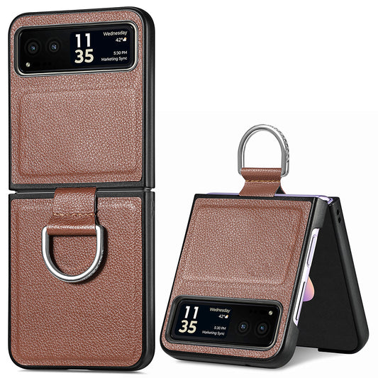 Finger Ring Holder Phone Case for Motorola Razr 40 5G , Litchi Texture Leather Coated PC Cover - Brown