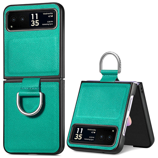 Finger Ring Holder Phone Case for Motorola Razr 40 5G , Litchi Texture Leather Coated PC Cover - Green