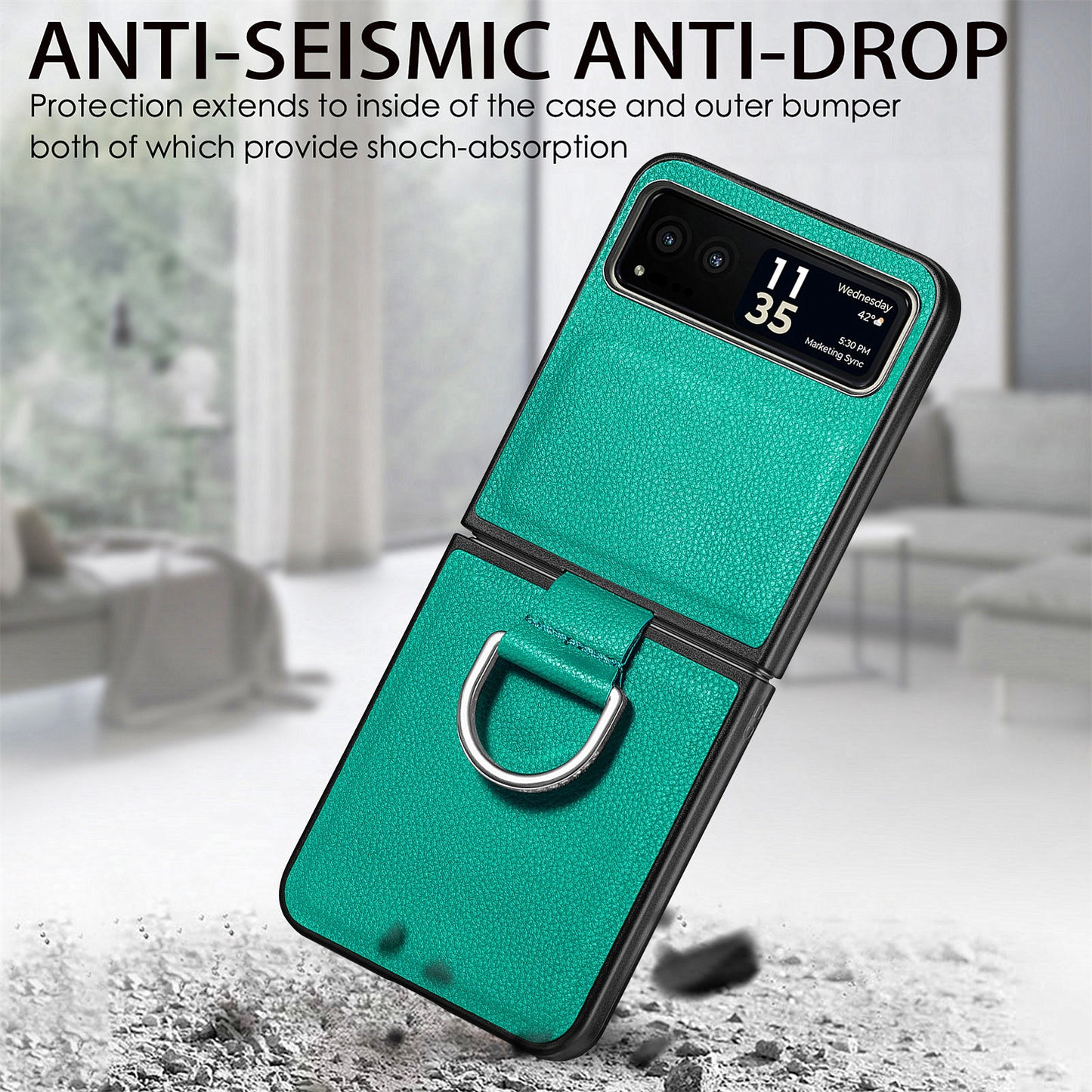 Finger Ring Holder Phone Case for Motorola Razr 40 5G , Litchi Texture Leather Coated PC Cover - Green