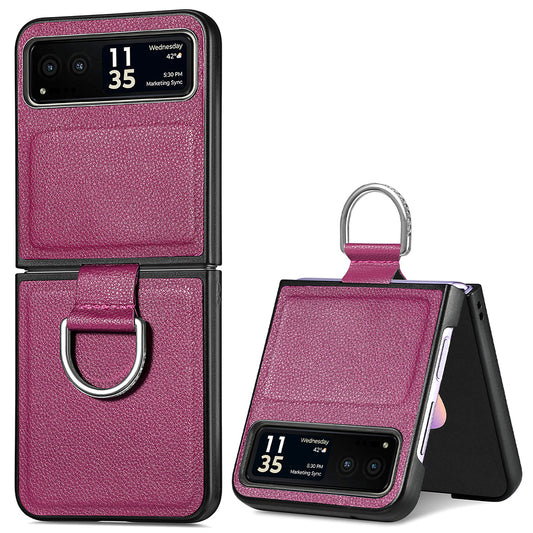 Finger Ring Holder Phone Case for Motorola Razr 40 5G , Litchi Texture Leather Coated PC Cover - Purple