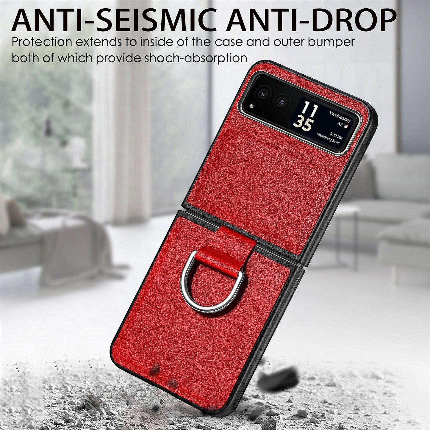Finger Ring Holder Phone Case for Motorola Razr 40 5G , Litchi Texture Leather Coated PC Cover - Red