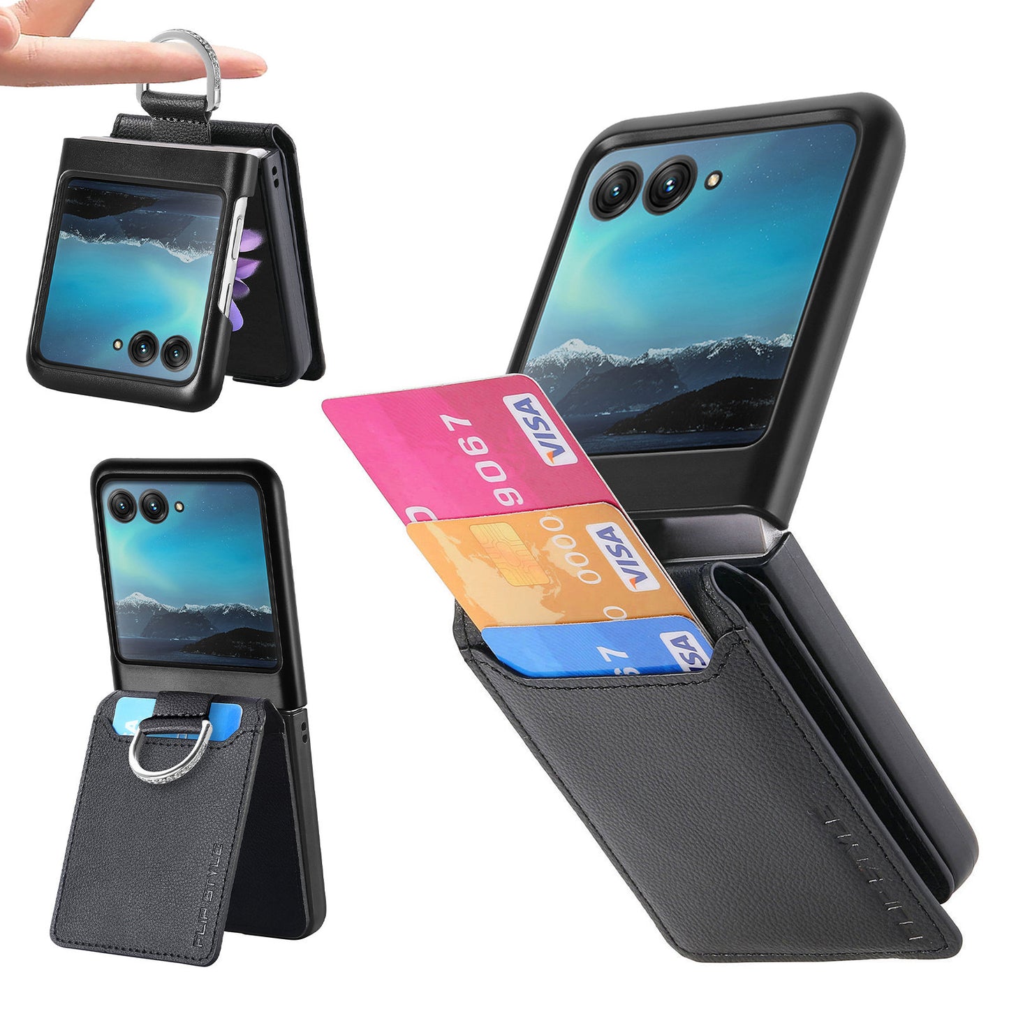 Card Holder Phone Case for Motorola Razr 40 Ultra 5G , Ring Holder Leather Coated PC Kickstand Cover - Black