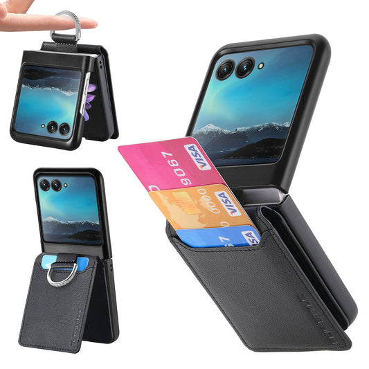Card Holder Phone Case for Motorola Razr 40 Ultra 5G , Ring Holder Leather Coated PC Kickstand Cover - Black