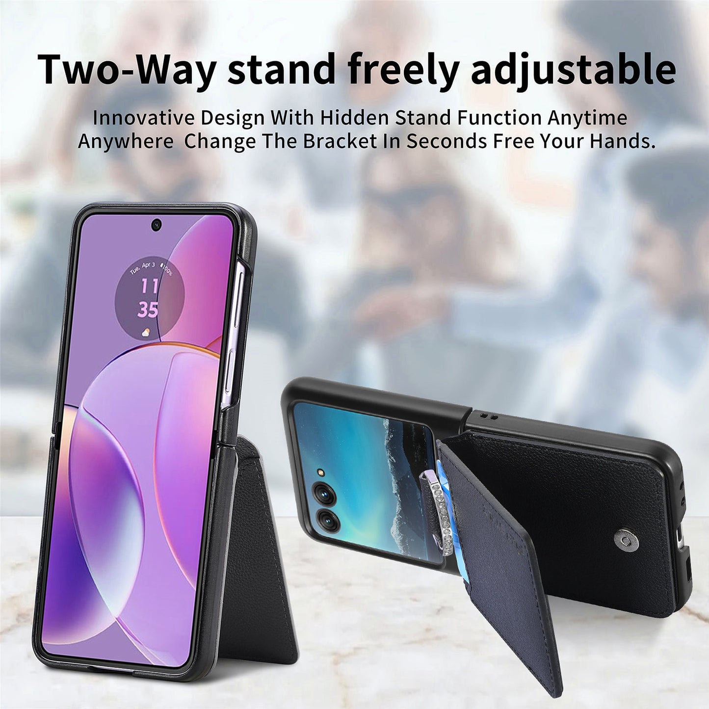 Card Holder Phone Case for Motorola Razr 40 Ultra 5G , Ring Holder Leather Coated PC Kickstand Cover - Black