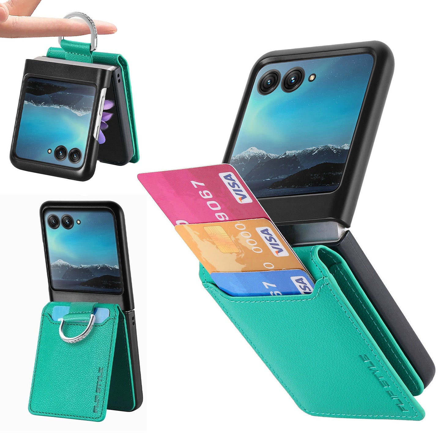 Card Holder Phone Case for Motorola Razr 40 Ultra 5G , Ring Holder Leather Coated PC Kickstand Cover - Green