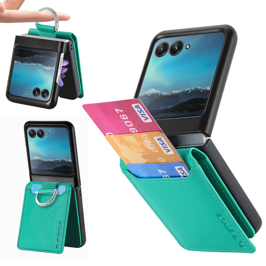 Card Holder Phone Case for Motorola Razr 40 Ultra 5G , Ring Holder Leather Coated PC Kickstand Cover - Green