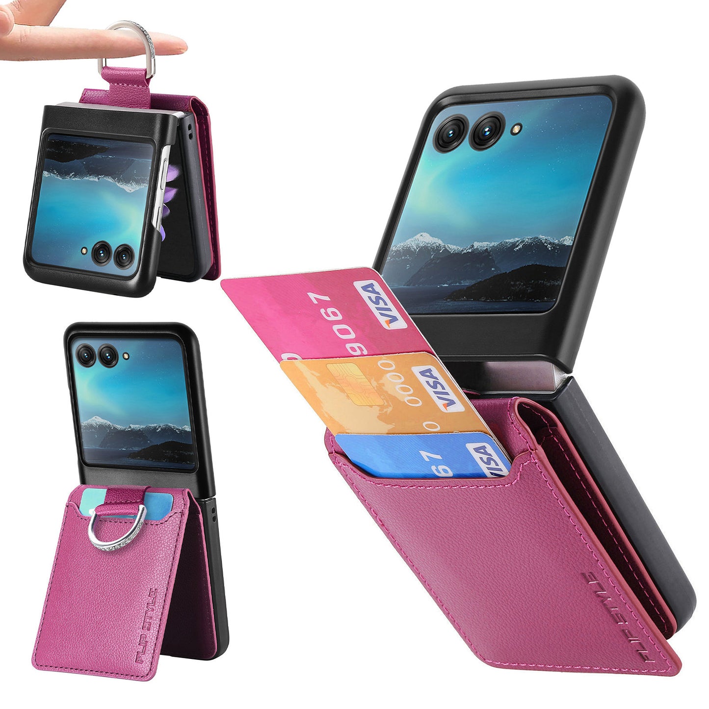Card Holder Phone Case for Motorola Razr 40 Ultra 5G , Ring Holder Leather Coated PC Kickstand Cover - Purple