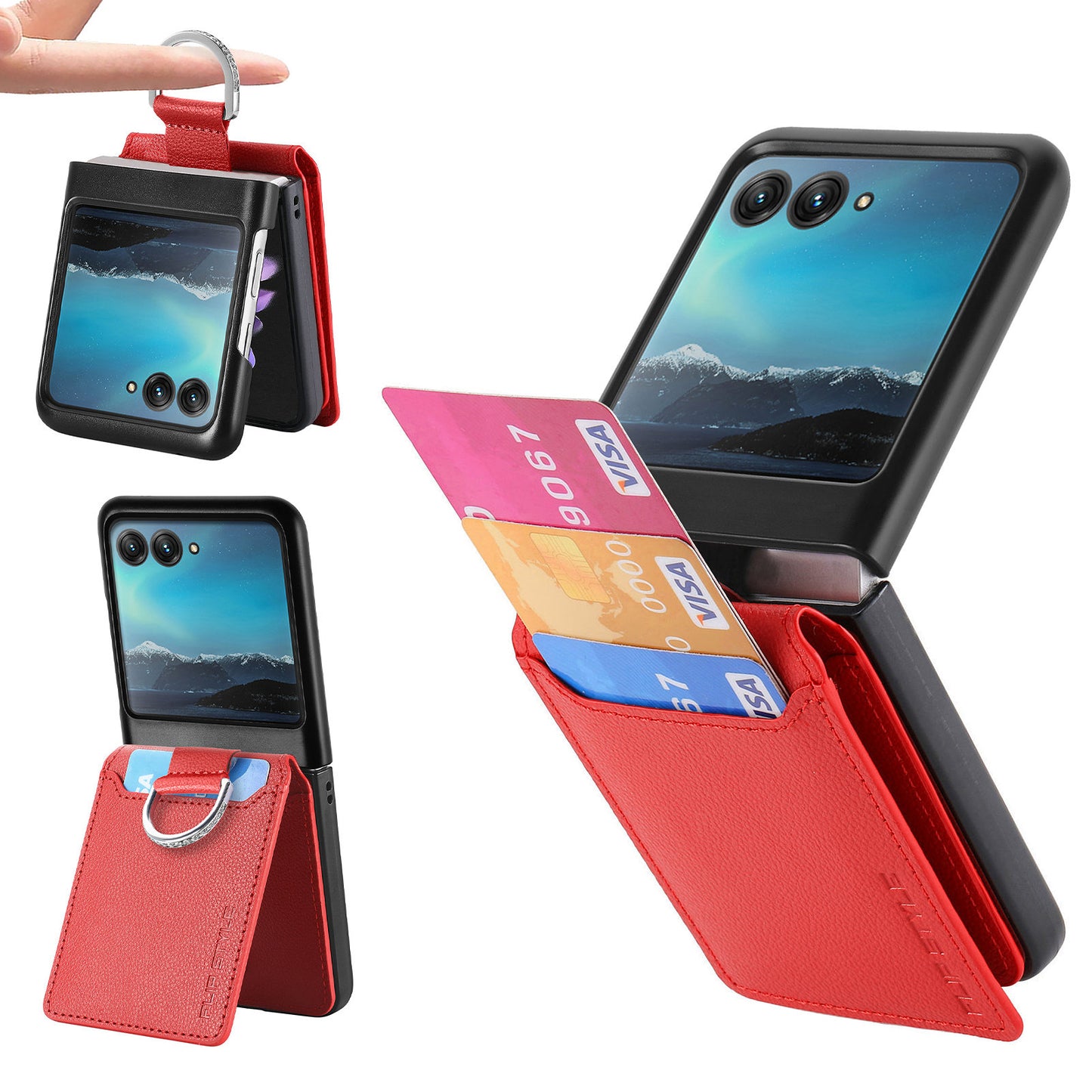Card Holder Phone Case for Motorola Razr 40 Ultra 5G , Ring Holder Leather Coated PC Kickstand Cover - Red