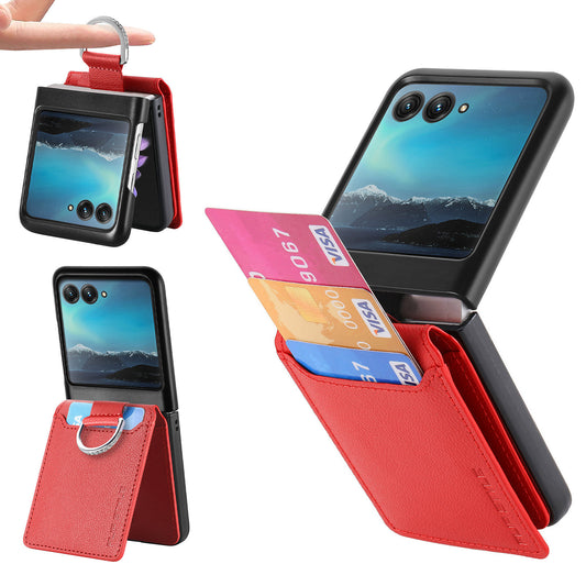 Card Holder Phone Case for Motorola Razr 40 Ultra 5G , Ring Holder Leather Coated PC Kickstand Cover - Red
