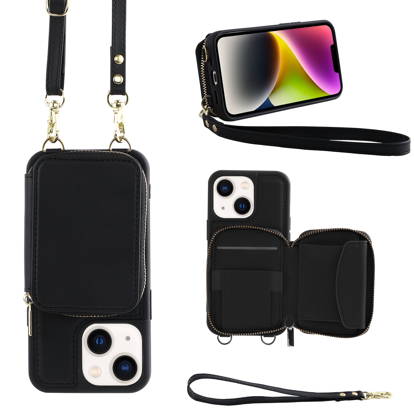 Zipper Wallet Phone Case for iPhone 15 Plus , Kickstand RFID Blocking PU Leather Coated TPU Cover - Black