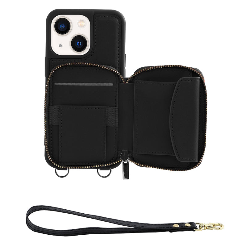 Zipper Wallet Phone Case for iPhone 15 Plus , Kickstand RFID Blocking PU Leather Coated TPU Cover - Black
