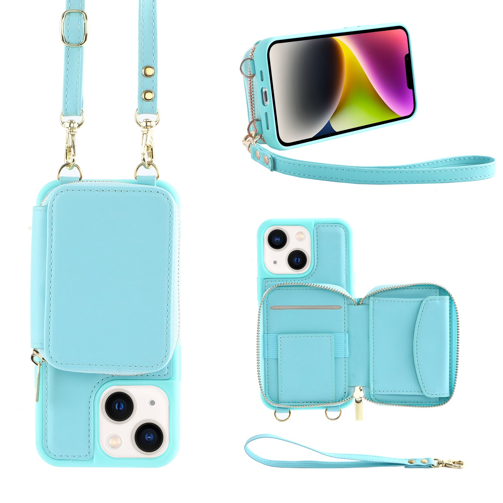Zipper Wallet Phone Case for iPhone 15 Plus , Kickstand RFID Blocking PU Leather Coated TPU Cover - Mint Green
