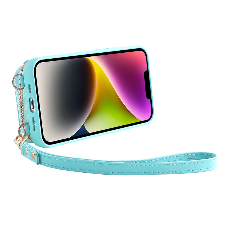 Zipper Wallet Phone Case for iPhone 15 Plus , Kickstand RFID Blocking PU Leather Coated TPU Cover - Mint Green