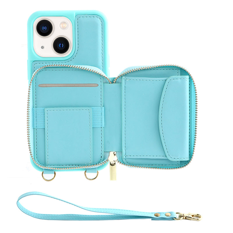 Zipper Wallet Phone Case for iPhone 15 Plus , Kickstand RFID Blocking PU Leather Coated TPU Cover - Mint Green