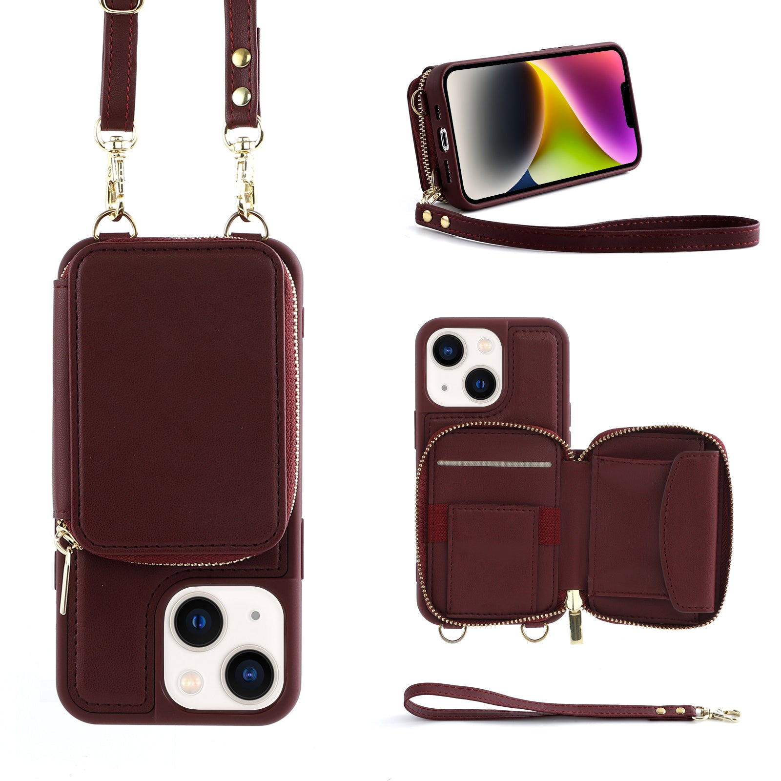 Zipper Wallet Phone Case for iPhone 15 Plus , Kickstand RFID Blocking PU Leather Coated TPU Cover - Wine Red