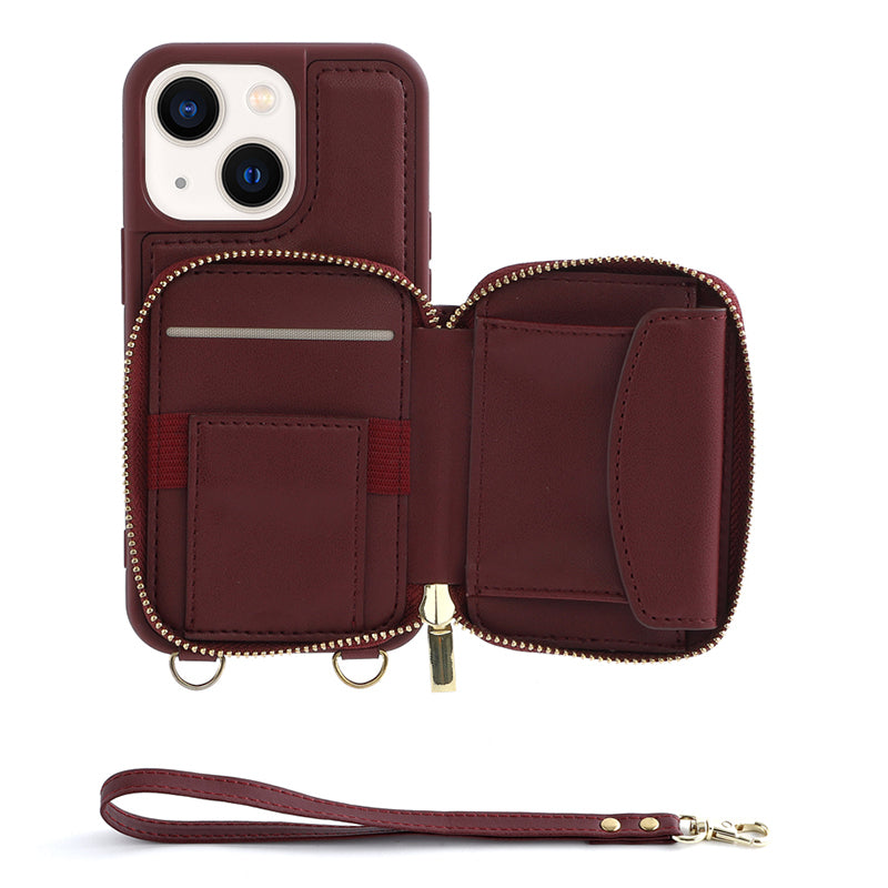 Zipper Wallet Phone Case for iPhone 15 Plus , Kickstand RFID Blocking PU Leather Coated TPU Cover - Wine Red