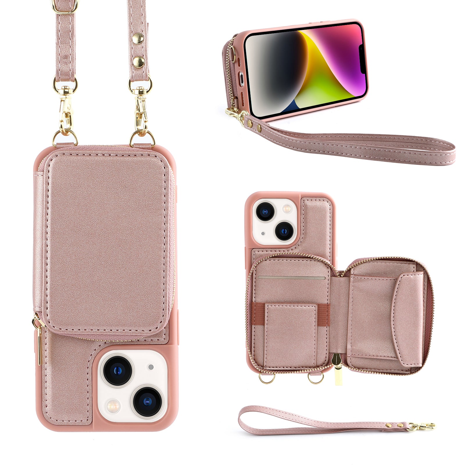 Zipper Wallet Phone Case for iPhone 15 Plus , Kickstand RFID Blocking PU Leather Coated TPU Cover - Rose Gold