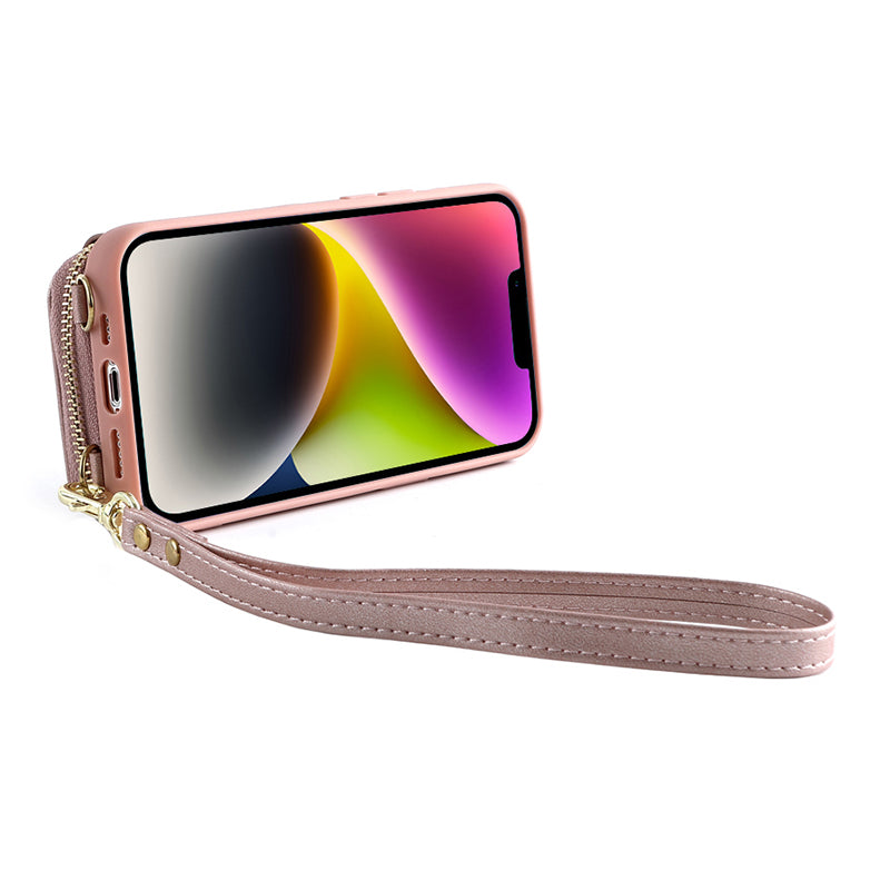 Zipper Wallet Phone Case for iPhone 15 Plus , Kickstand RFID Blocking PU Leather Coated TPU Cover - Rose Gold