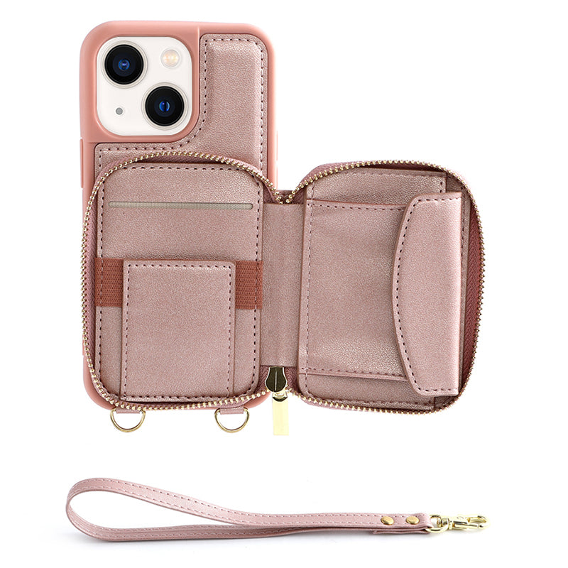 Zipper Wallet Phone Case for iPhone 15 Plus , Kickstand RFID Blocking PU Leather Coated TPU Cover - Rose Gold