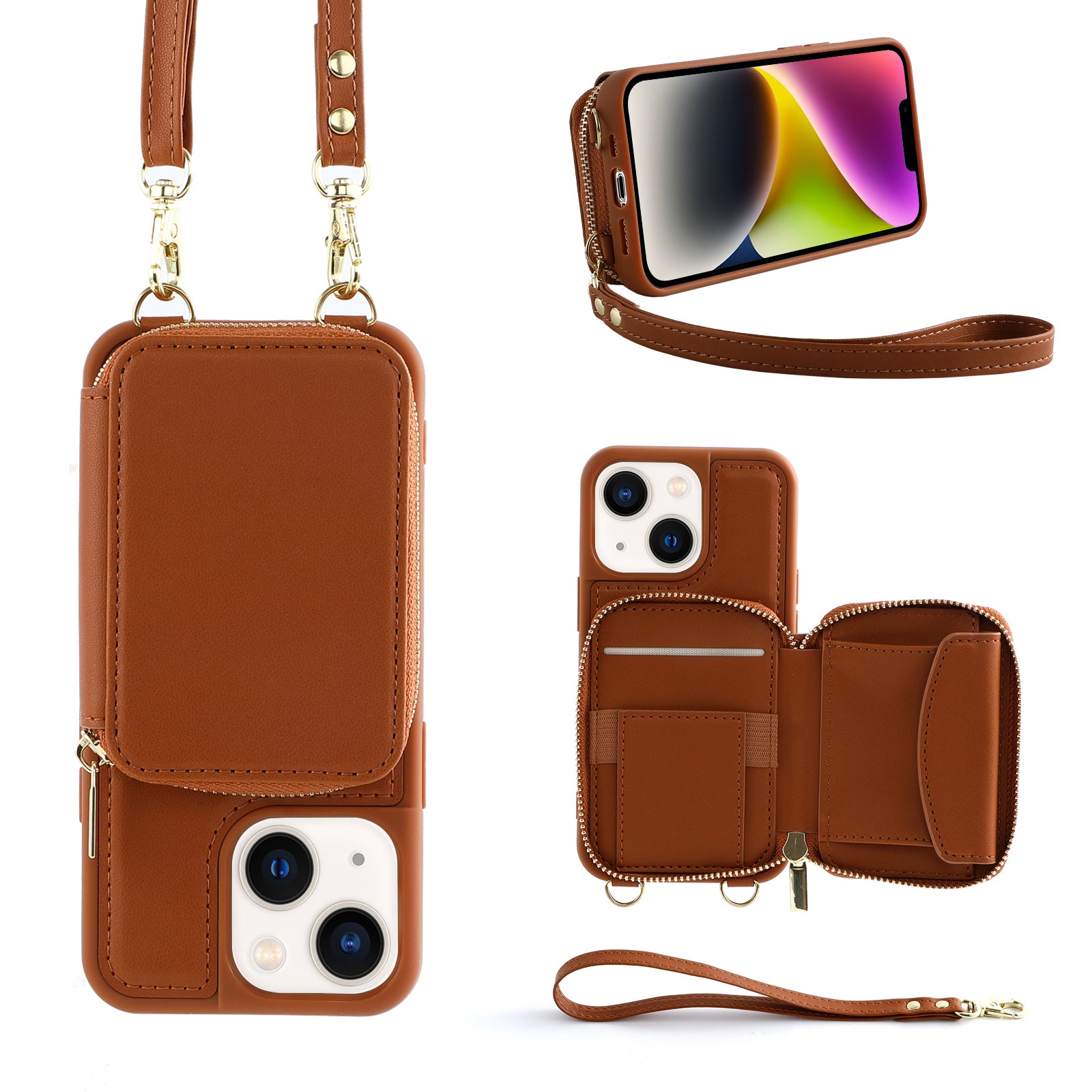Zipper Wallet RFID Blocking Phone Case for iPhone 15 , PU Leather Coated TPU Kickstand Cover - Brown
