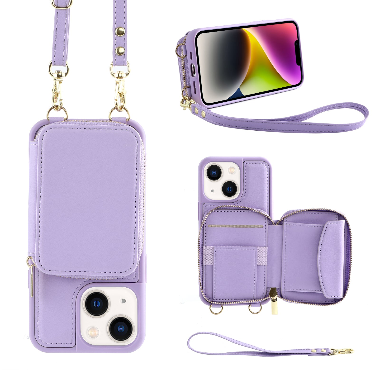 Zipper Wallet RFID Blocking Phone Case for iPhone 15 , PU Leather Coated TPU Kickstand Cover - Purple