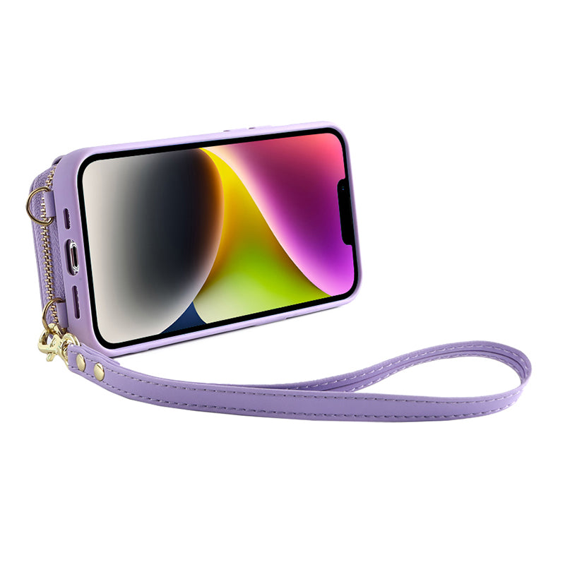 Zipper Wallet RFID Blocking Phone Case for iPhone 15 , PU Leather Coated TPU Kickstand Cover - Purple