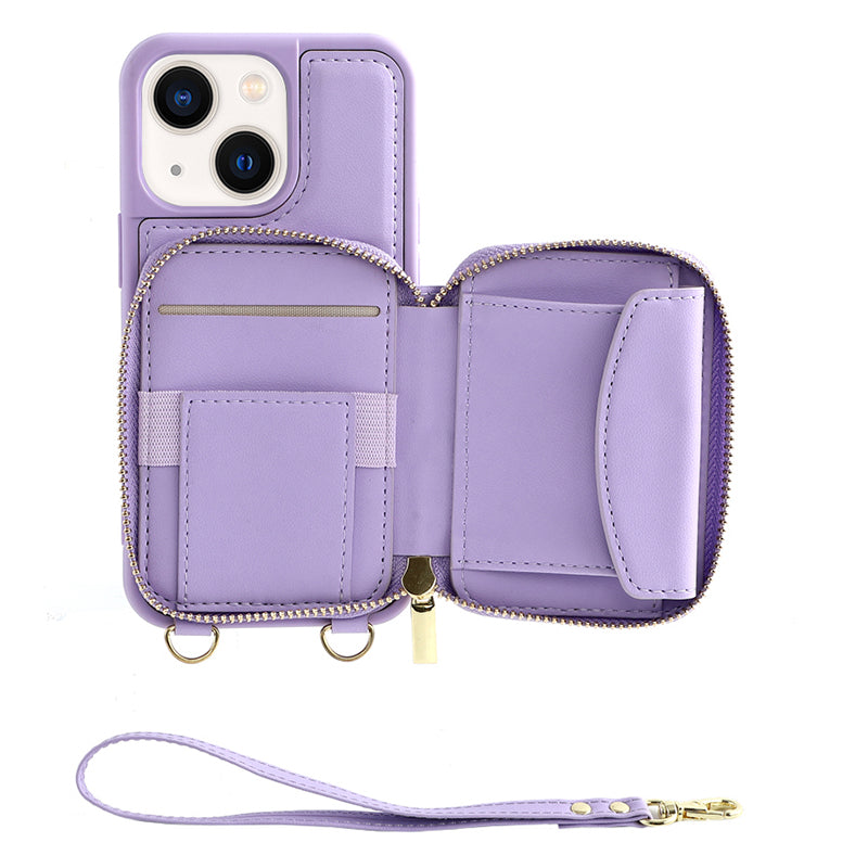 Zipper Wallet RFID Blocking Phone Case for iPhone 15 , PU Leather Coated TPU Kickstand Cover - Purple