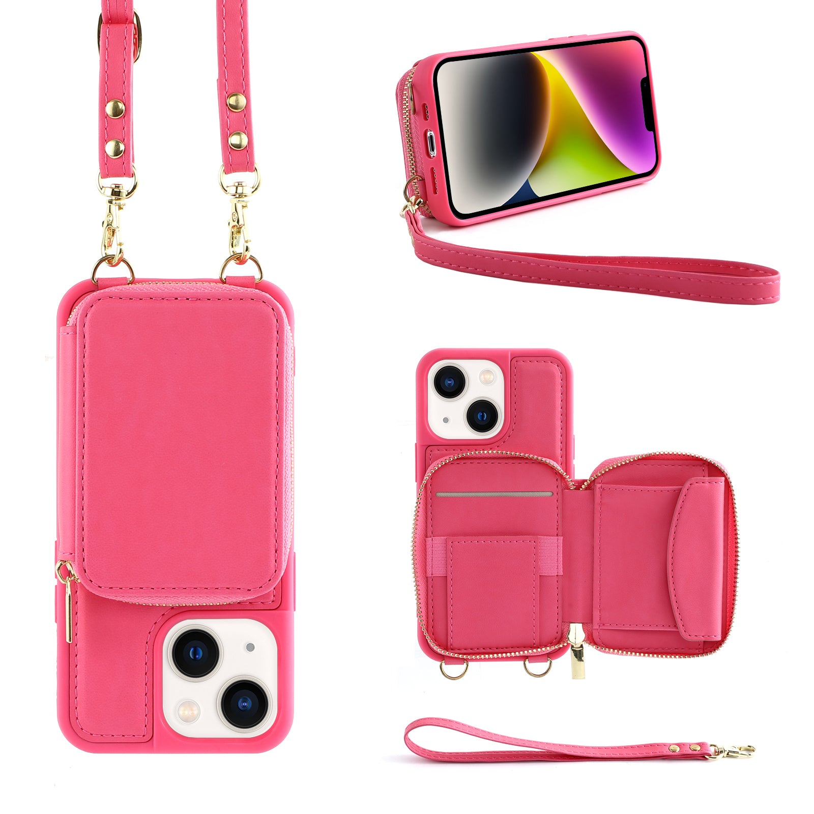 Zipper Wallet RFID Blocking Phone Case for iPhone 15 , PU Leather Coated TPU Kickstand Cover - Rose