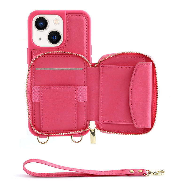 Zipper Wallet RFID Blocking Phone Case for iPhone 15 , PU Leather Coated TPU Kickstand Cover - Rose