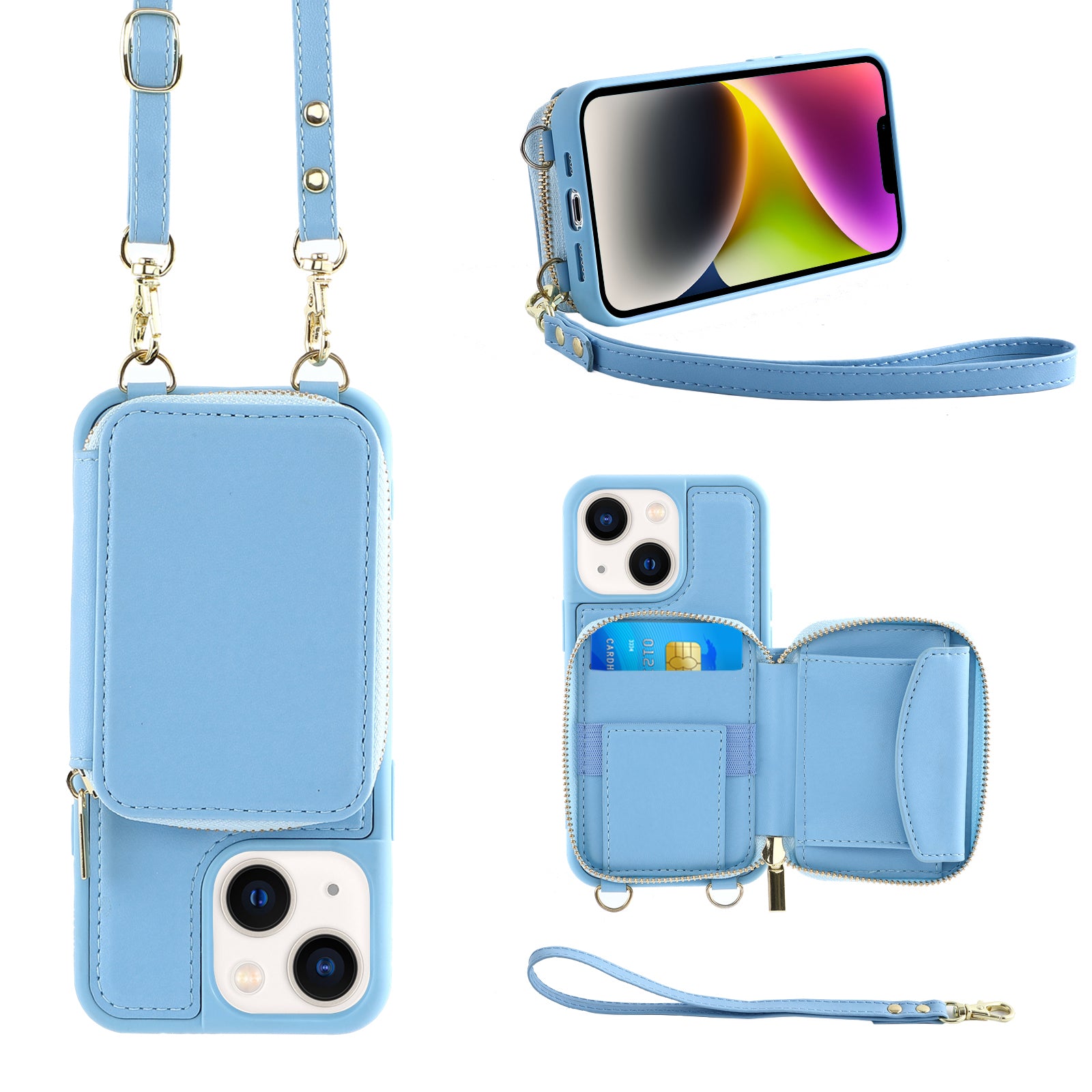 Zipper Wallet RFID Blocking Phone Case for iPhone 15 , PU Leather Coated TPU Kickstand Cover - Sky Blue